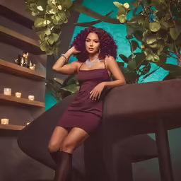 a woman in a purple dress sitting on a table