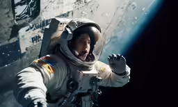 a boy is flying in the sky in his space suit