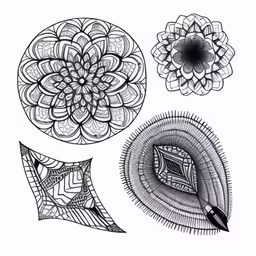 a pen drawing of four spirals in black and white,four different flower designs with an open circle