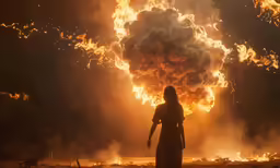 the woman is standing with fire flying in the sky