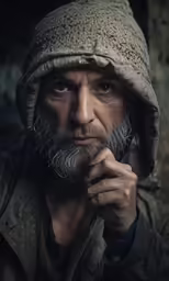 a man with a grey beard wearing a hooded coat