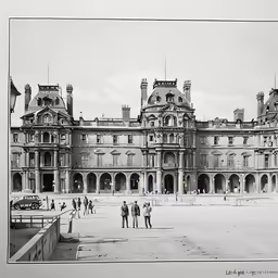 an old picture of people in front of a large palace