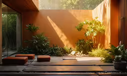 a patio is lined with an outdoor seating area