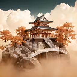 a painting of an asian pagoda and stairs near some rocks