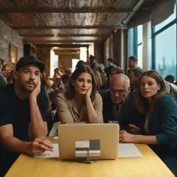 a group of people working at a wooden table in front of a laptop