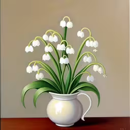a painting of a vase with flowers in it,a painting of lilies and green leaves in a white vase,a vase with some flowers in it sitting on a table,a painting of white lilies in a white jug,a white vase of flowers on a table