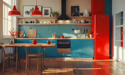 a kitchen with red, blue and white appliances