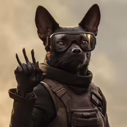 a dog with goggles and a vest wearing glasses