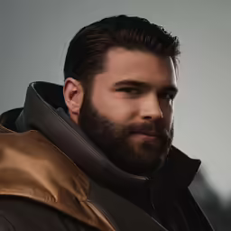 a man with a goatee and jacket looking at something
