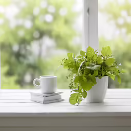 a table with a plant and a coffee mug