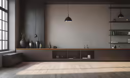 a kitchen with an island that has shelves on each side