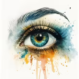 an eye with watercolor paint and a black and white background