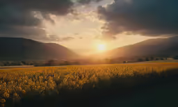 a view of sun shining over a field with mountains behind