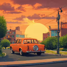 an orange car is parked on the street in front of some houses,an orange station wagon is parked by a street and trees