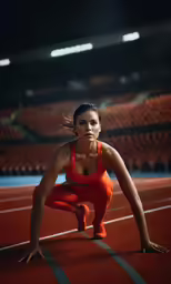 woman in a sports wear standing at a race track with a stadium behind her