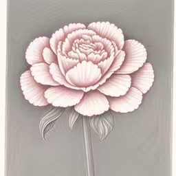 a painting of a peonie on grey paper,a pink flower with two leaves on it
