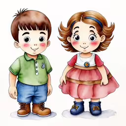 an illustration of two children, one is holding hands,two children that are standing up with their hands in their pockets,a drawing of two young children standing in front of one another,two kids standing side by side wearing different colors,a boy and a girl are standing together