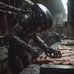 a man dressed in armor and wearing a helmet sits at a table