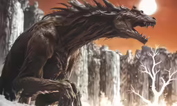 a large black dragon walking through a forest