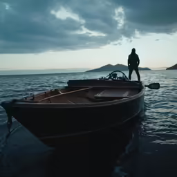 a man standing on the front of a boat in water