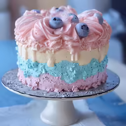 a layered cake on a stand decorated in pastel