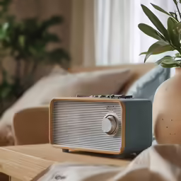 the old radio is near a plant on the table