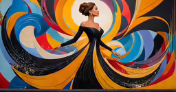 a woman in black is dressed in a black dress and a multicolored abstract painting