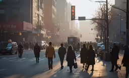 people on street with traffic lights and tall buildings