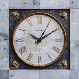 a big clock on the ground with faces and hands