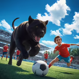 there is a small kid and large dog playing football together
