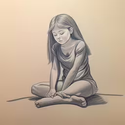 a young woman sitting cross legged with a wooden leg,a drawing of a girl sitting on the ground doing yoga