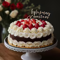 a white cake on top of a table with flowers in the background
