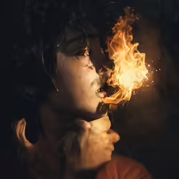 there is a woman with long hair wearing a red coat holding a flame