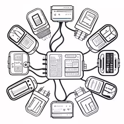 an illustration of several electronic devices connected to each other,several cell phones sitting in a circle,a group of cell phones and chargers in a circle,some kind of device with a lot of wires connected to it,the circle is full of cell phones and a microphone
