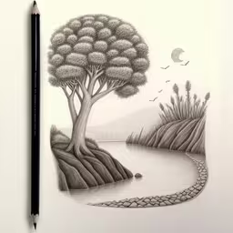 a pencil drawing of trees and grass with water