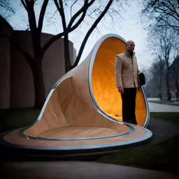 a man is standing in front of the unusual structure