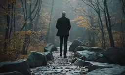 man in black suit standing on pathway by trees