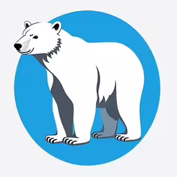 a polar bear with grey and black accents,polar bear walking on white ground, surrounded by blue circle,an polar bear standing on one foot and paw up to the sky,a polar bear standing in front of a blue circle,the large polar bear is standing tall and has big claws