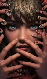 a woman holding two hands in front of her face