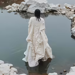 a woman wearing an ivory coat is sitting in water