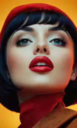 a woman with black hair and blue eyes wearing a red lipstick