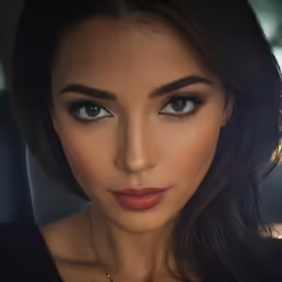 beautiful woman with makeup on her face in a car