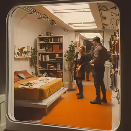 three people standing around in the small room