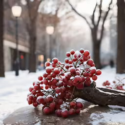 red berries on tree branch with winter snow