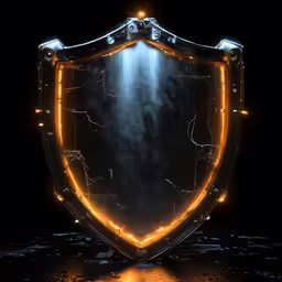 a shiny and golden metallic shield with glowing lights