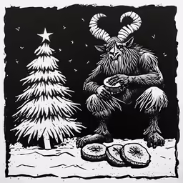 black and white drawing of an animal standing in front of a christmas tree