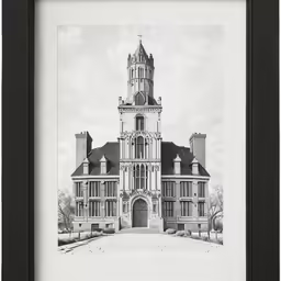 a framed photo with a building in the background