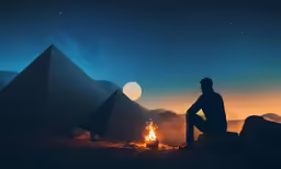 a man sits near a fire and looks at the sky with his two large pyramids in the background