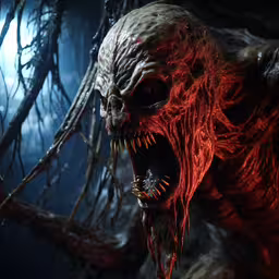 the evil monster is standing near a bunch of branches,a creepy demon is shown from a scene from the horror movie