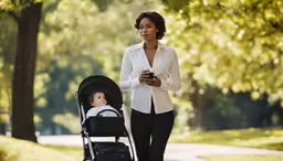 a woman walking with her child and her cell phone